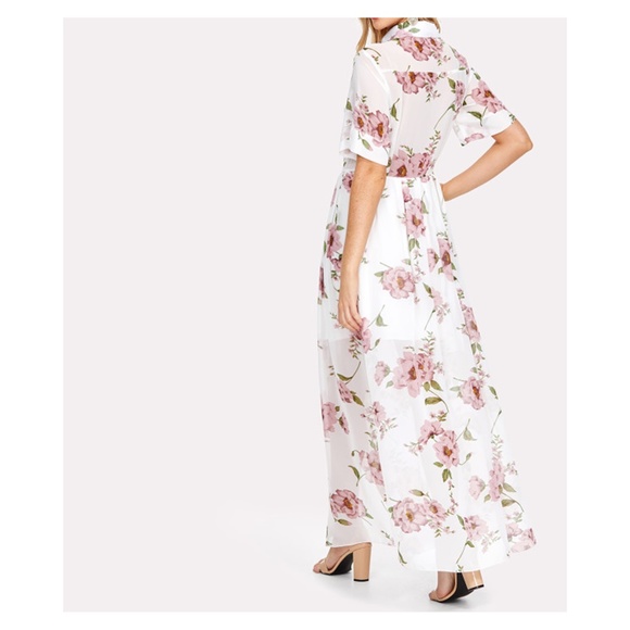 White Floral Button Down Chiffon Maxi Dress - Picture 4 of 5